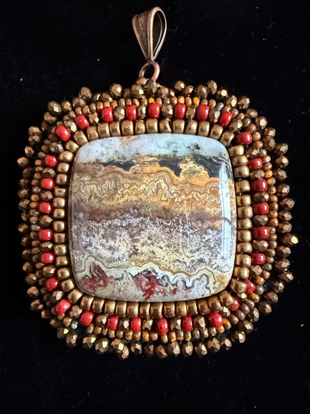 Artisan Beaded Gorgeous Crazy Lace Agate Statement Pendant in Red and Gold